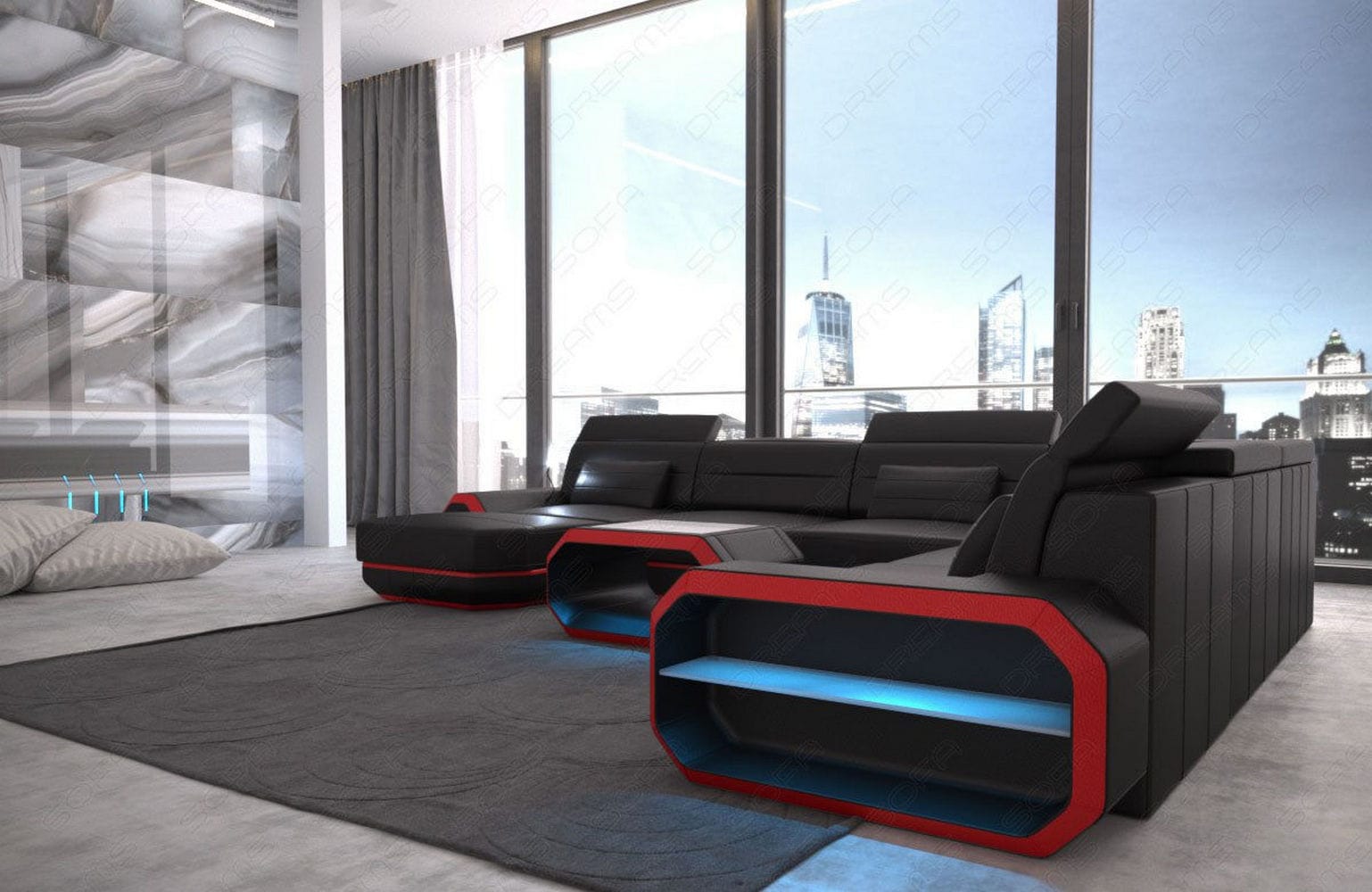 XL Wohnlandschaft Roma mit LED – Komfort & Stil schwarz-rot