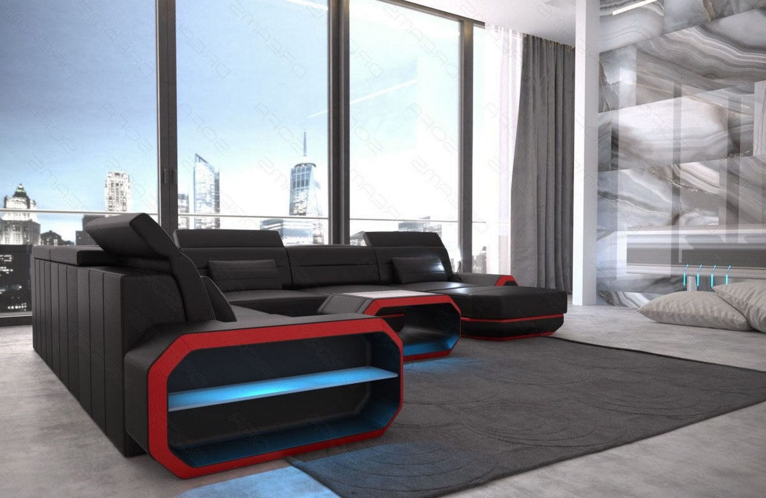 XL Wohnlandschaft Roma mit LED – Komfort & Stil schwarz-rot