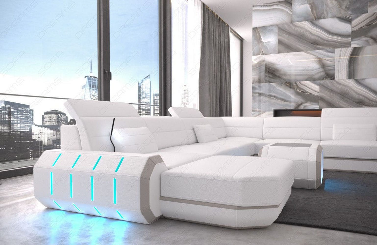 XL Wohnlandschaft Roma mit LED – Komfort & Stil weiß-beige
