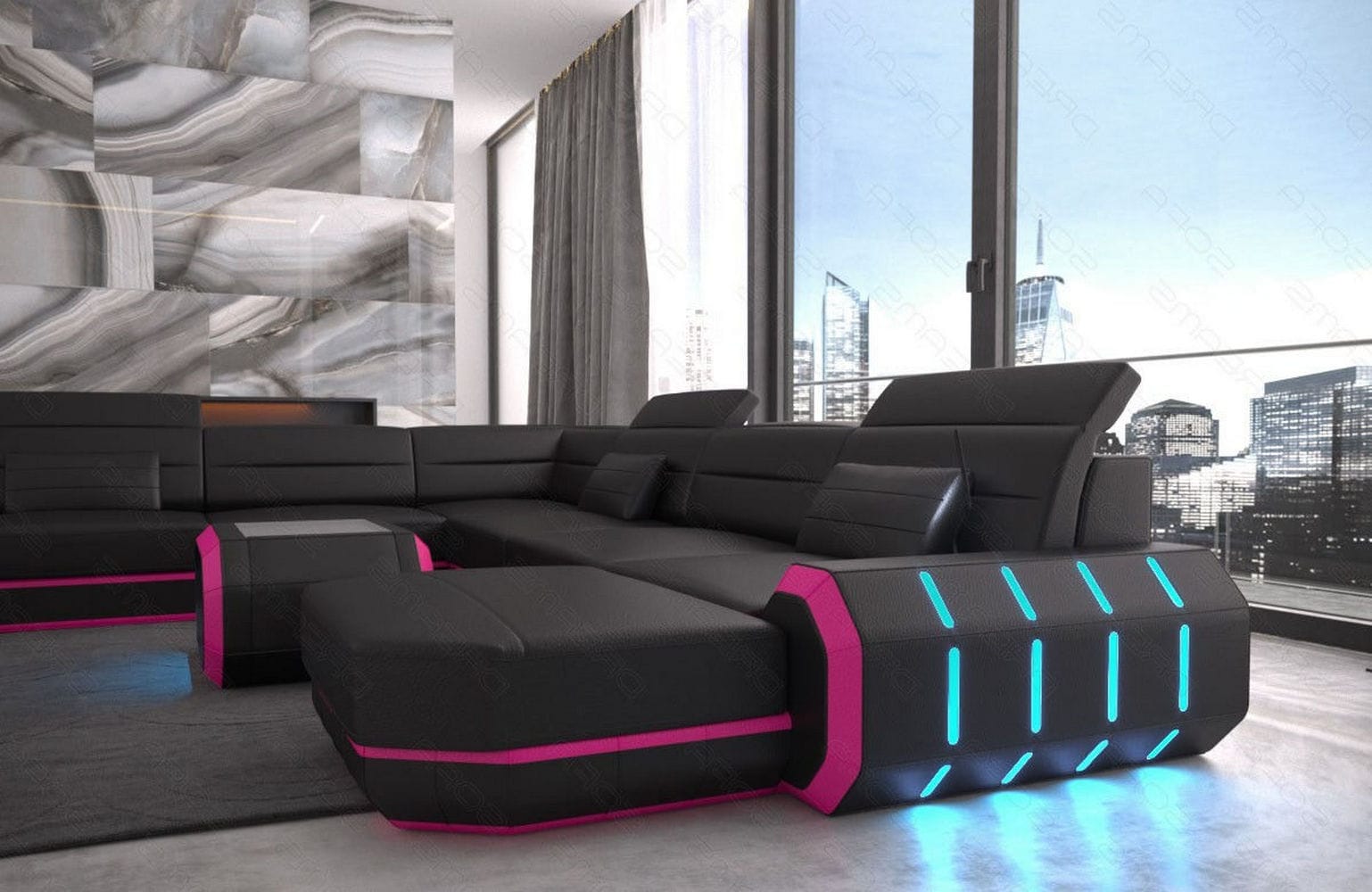 XL Wohnlandschaft Roma mit LED – Komfort & Stil schwarz-pink