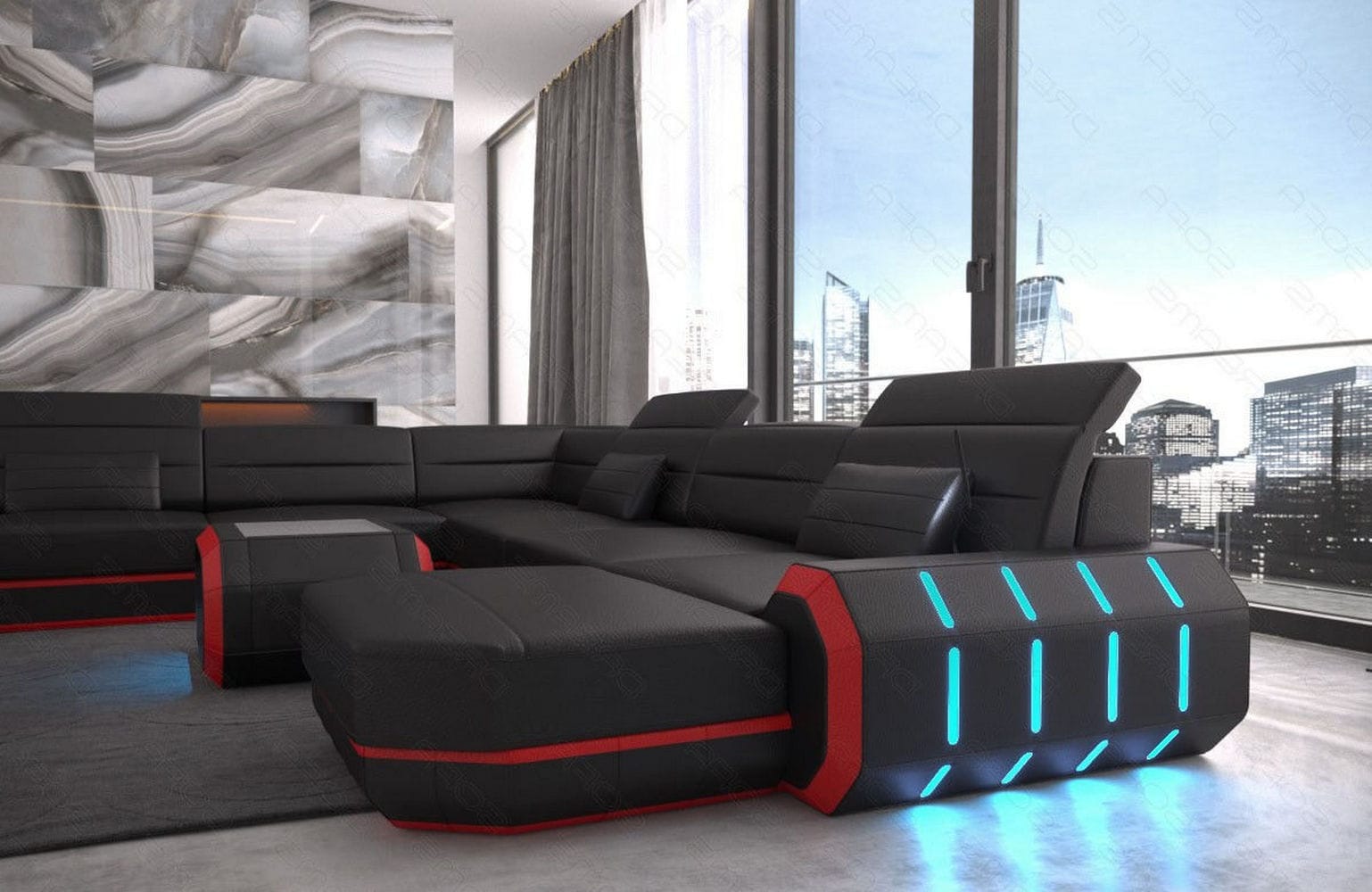 XL Wohnlandschaft Roma mit LED – Komfort & Stil schwarz-rot