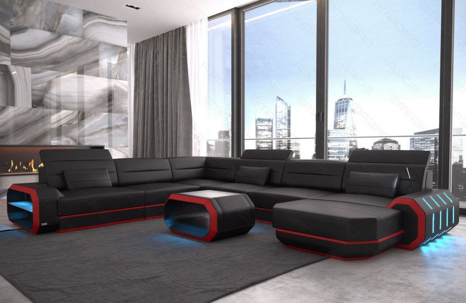 XL Wohnlandschaft Roma mit LED – Komfort & Stil schwarz-rot