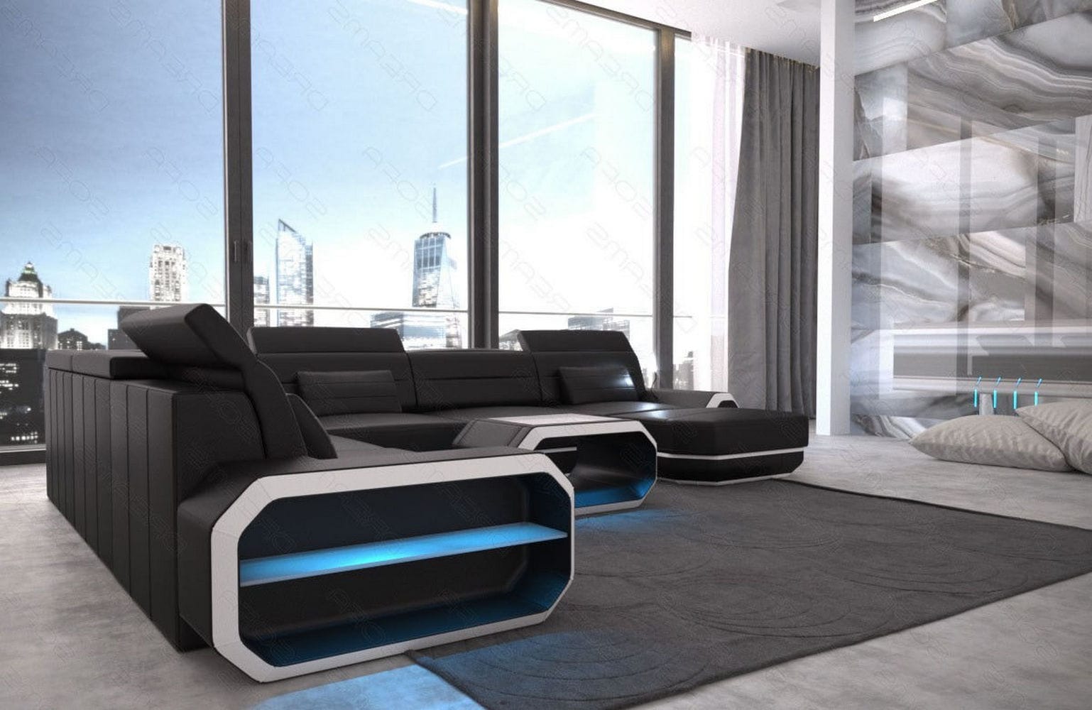 XL Wohnlandschaft Roma mit LED – Komfort & Stil schwarz-weiß