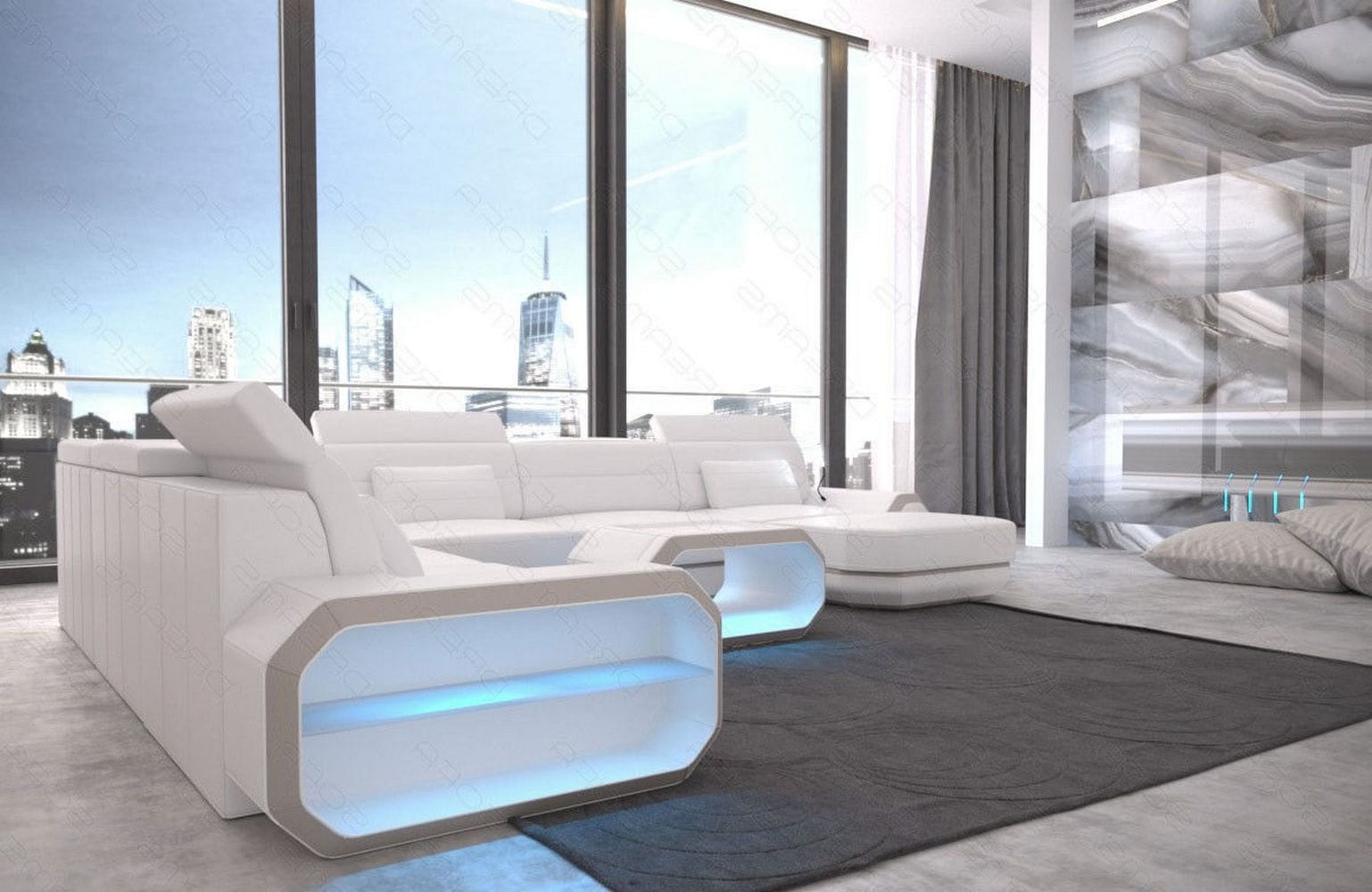 XL Wohnlandschaft Roma mit LED – Komfort & Stil weiß-beige