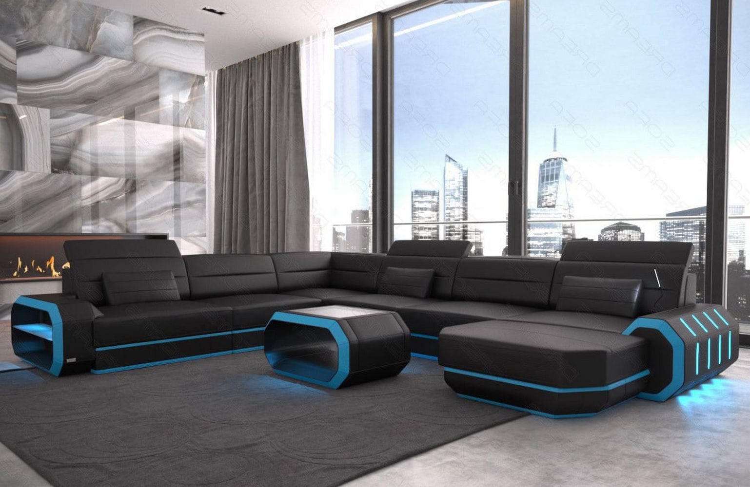 XL Wohnlandschaft Roma mit LED – Komfort & Stil schwarz-blau