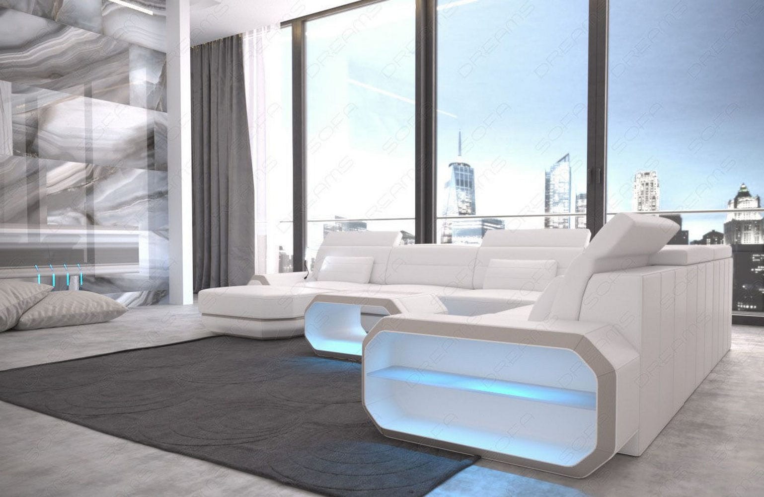 XL Wohnlandschaft Roma mit LED – Komfort & Stil weiß-beige