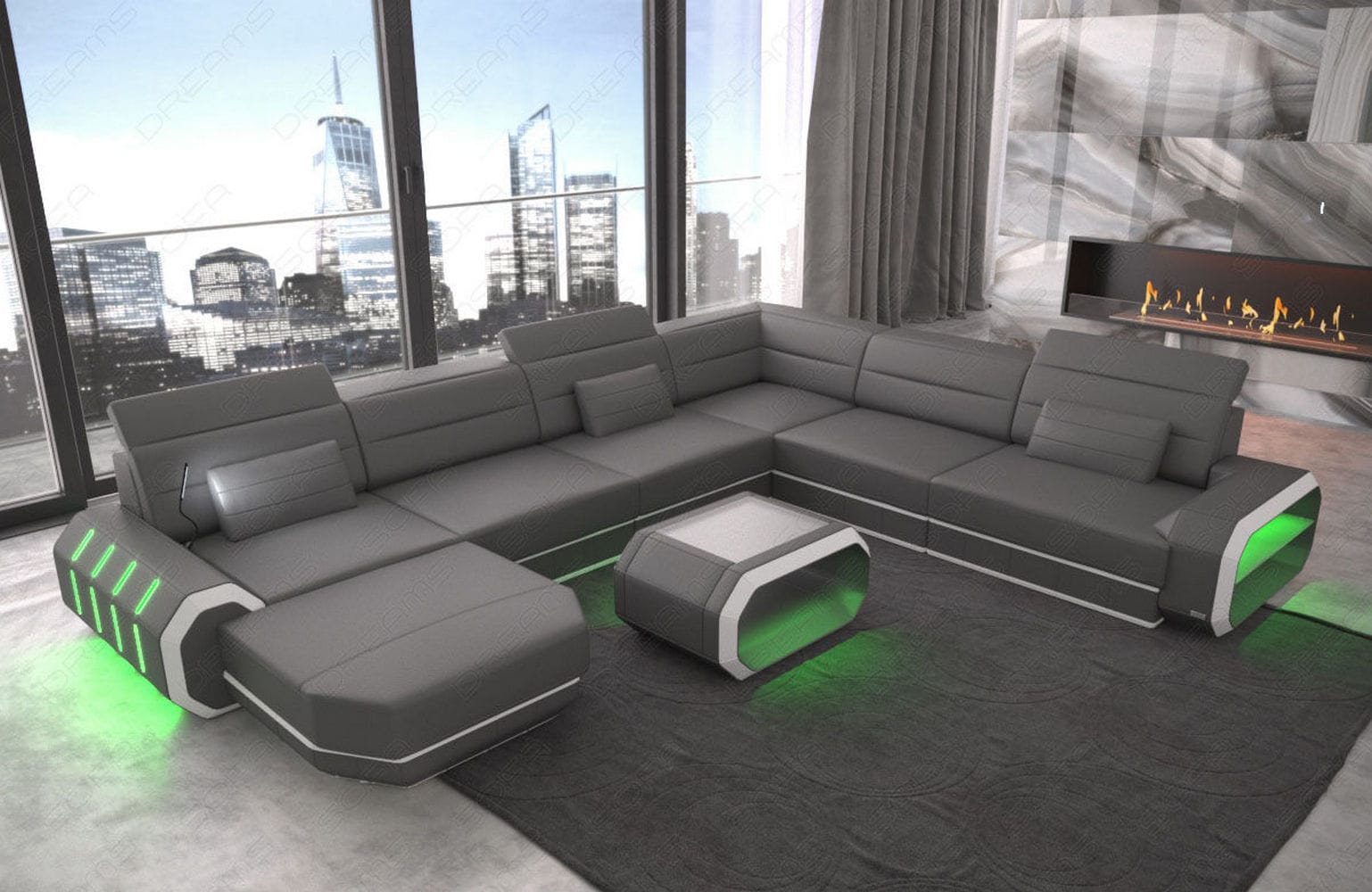 XL Wohnlandschaft Roma mit LED – Komfort & Stil grau-weiß