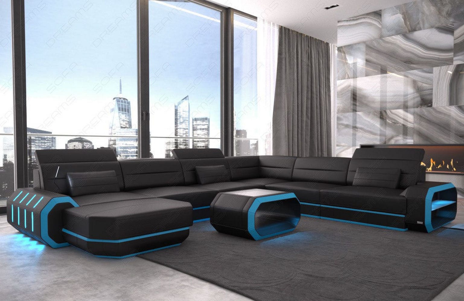 XL Wohnlandschaft Roma mit LED – Komfort & Stil schwarz-blau