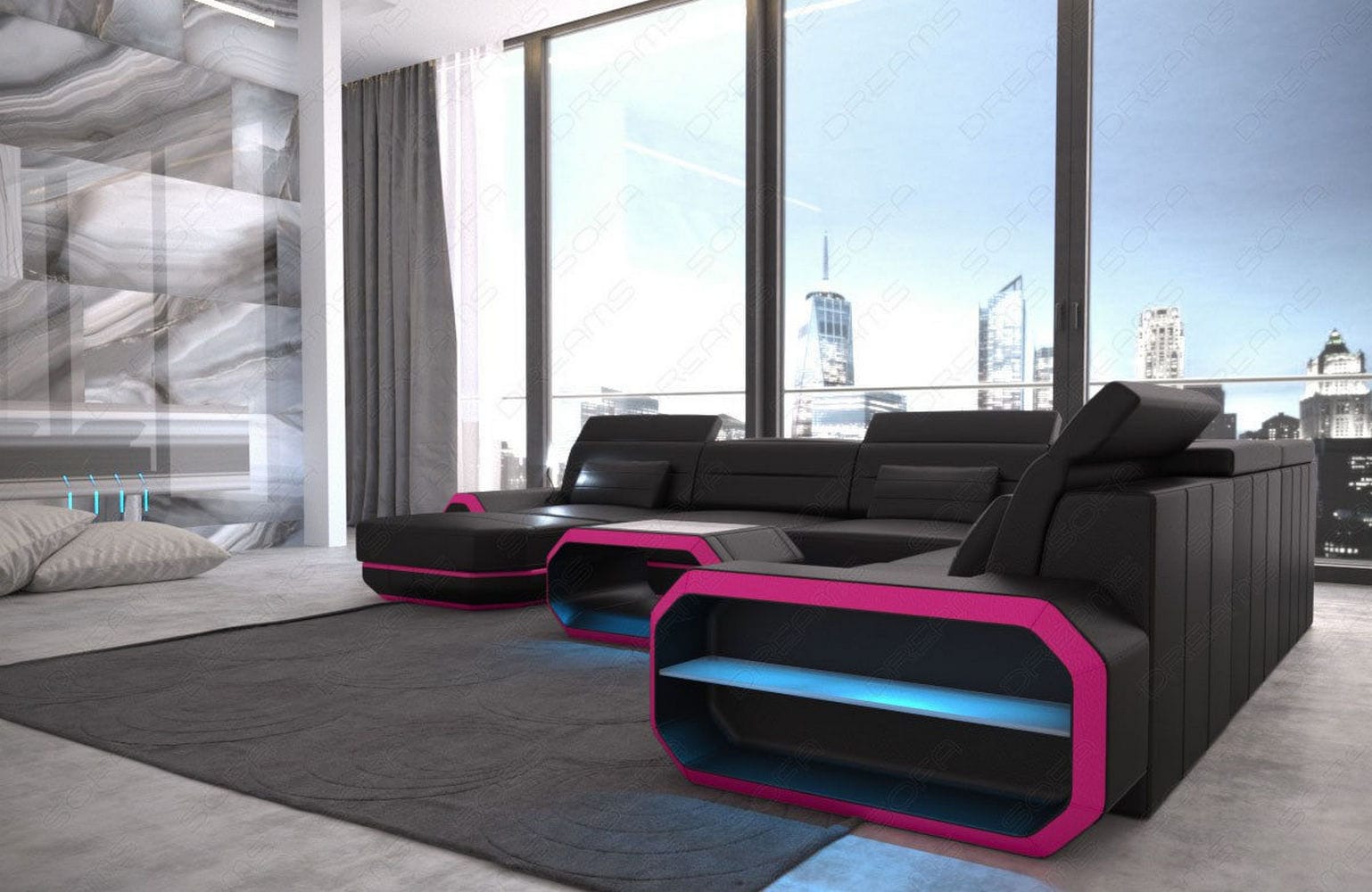 XL Wohnlandschaft Roma mit LED – Komfort & Stil schwarz-pink