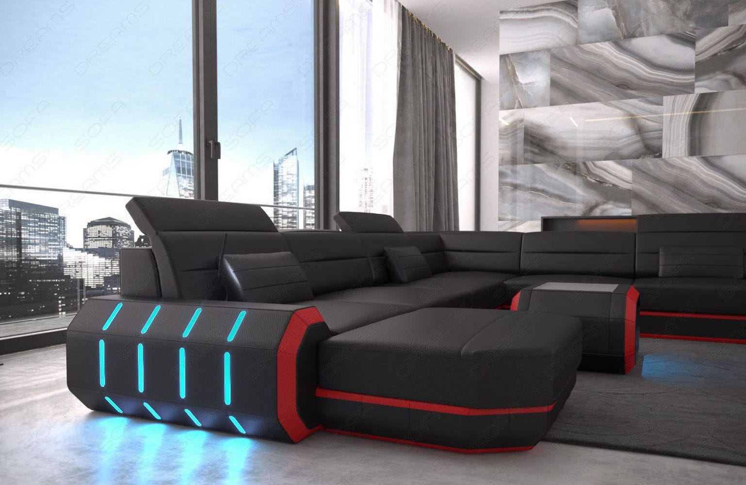 XL Wohnlandschaft Roma mit LED – Komfort & Stil schwarz-rot