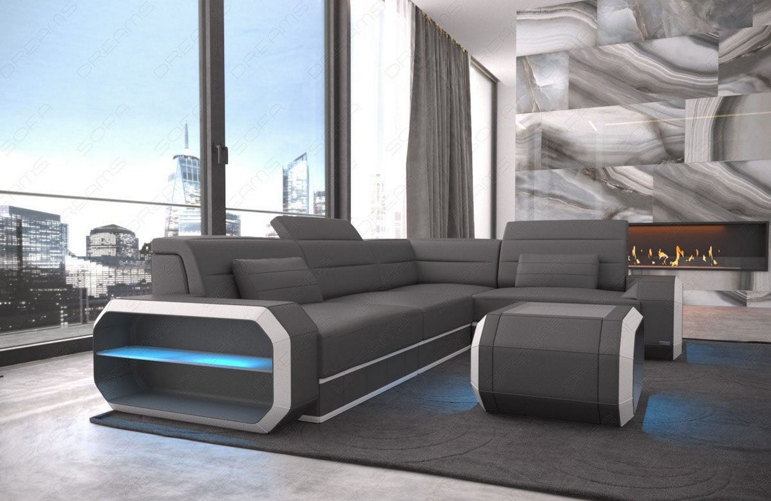 Mini Couch Verona L-Form in Leder Grau-Weiß