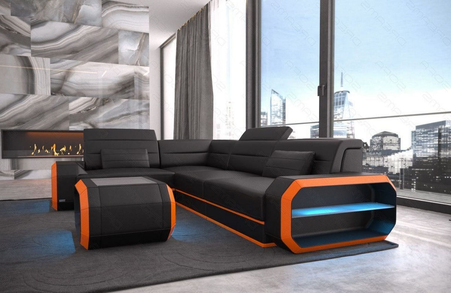 Mini Ledercouch Verona L Form mit LED – Modern und Bequem Schwarz-Orange