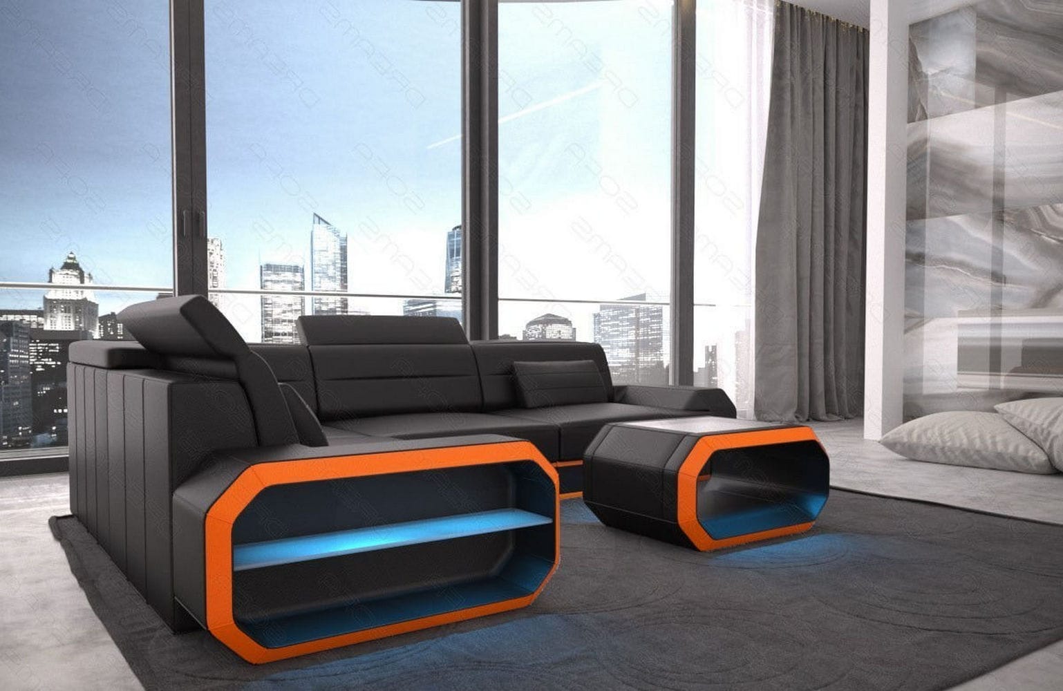 Mini Ledercouch Verona L Form mit LED – Modern und Bequem Schwarz-Orange