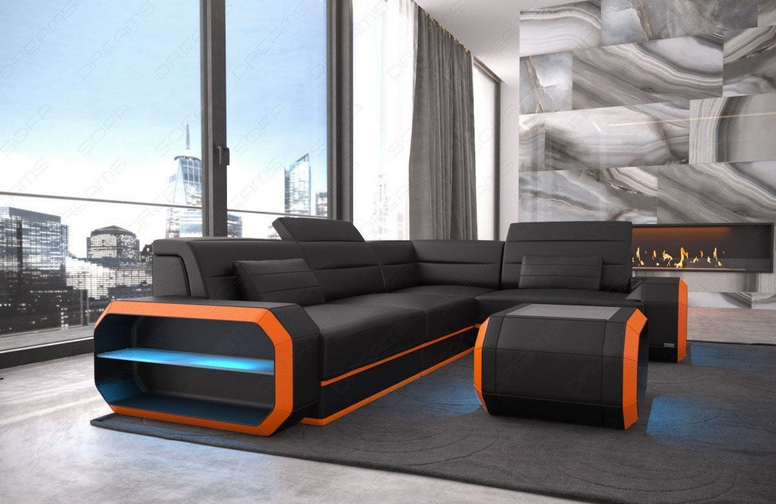Mini Couch Verona L Form in Leder schwarz-orange