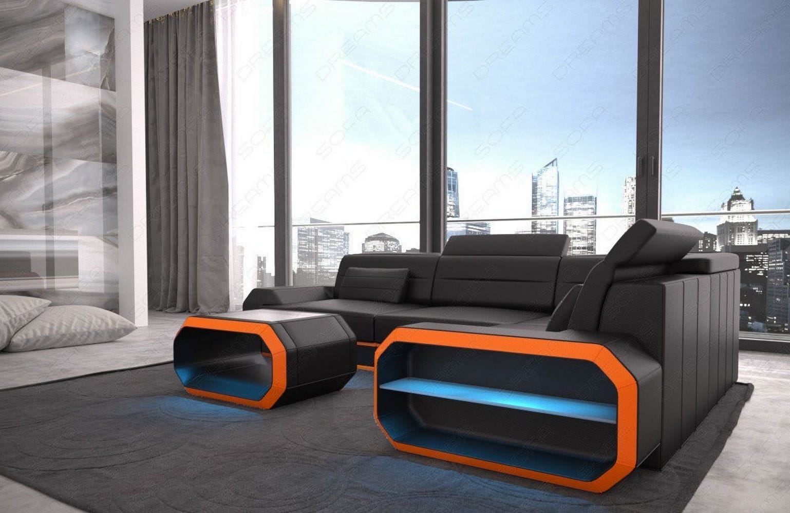Mini Couch Verona L Form in Leder schwarz-orange
