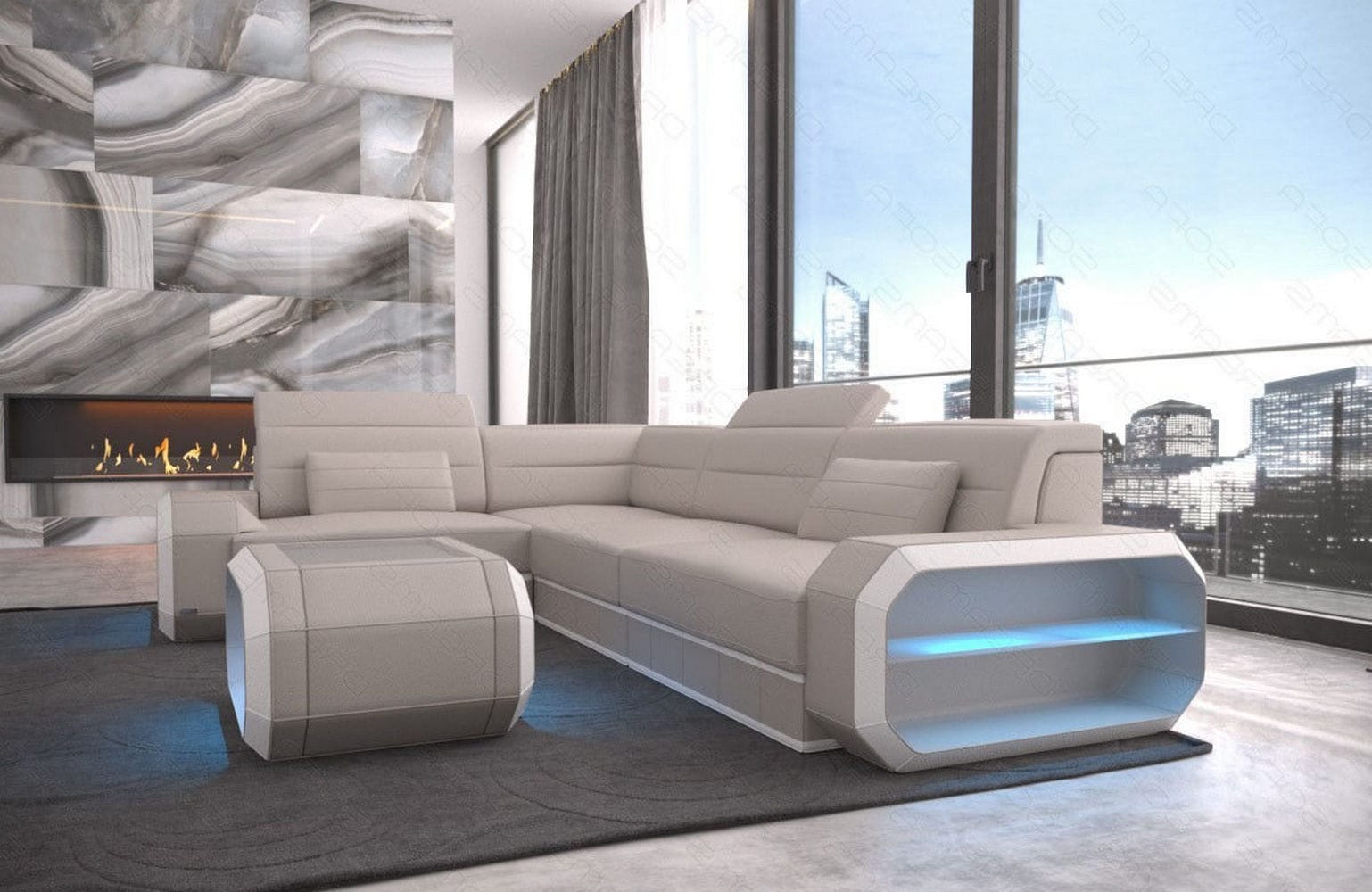 Mini Couch Verona L-Form in Leder Beige-Weiß