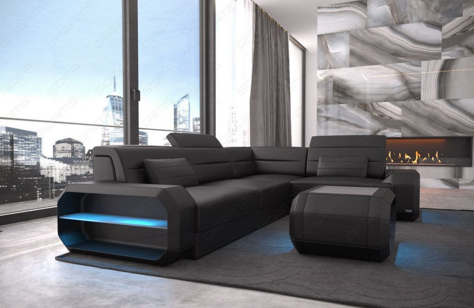 Mini Ledercouch Verona L Form mit LED – Modern und Bequem Schwarz