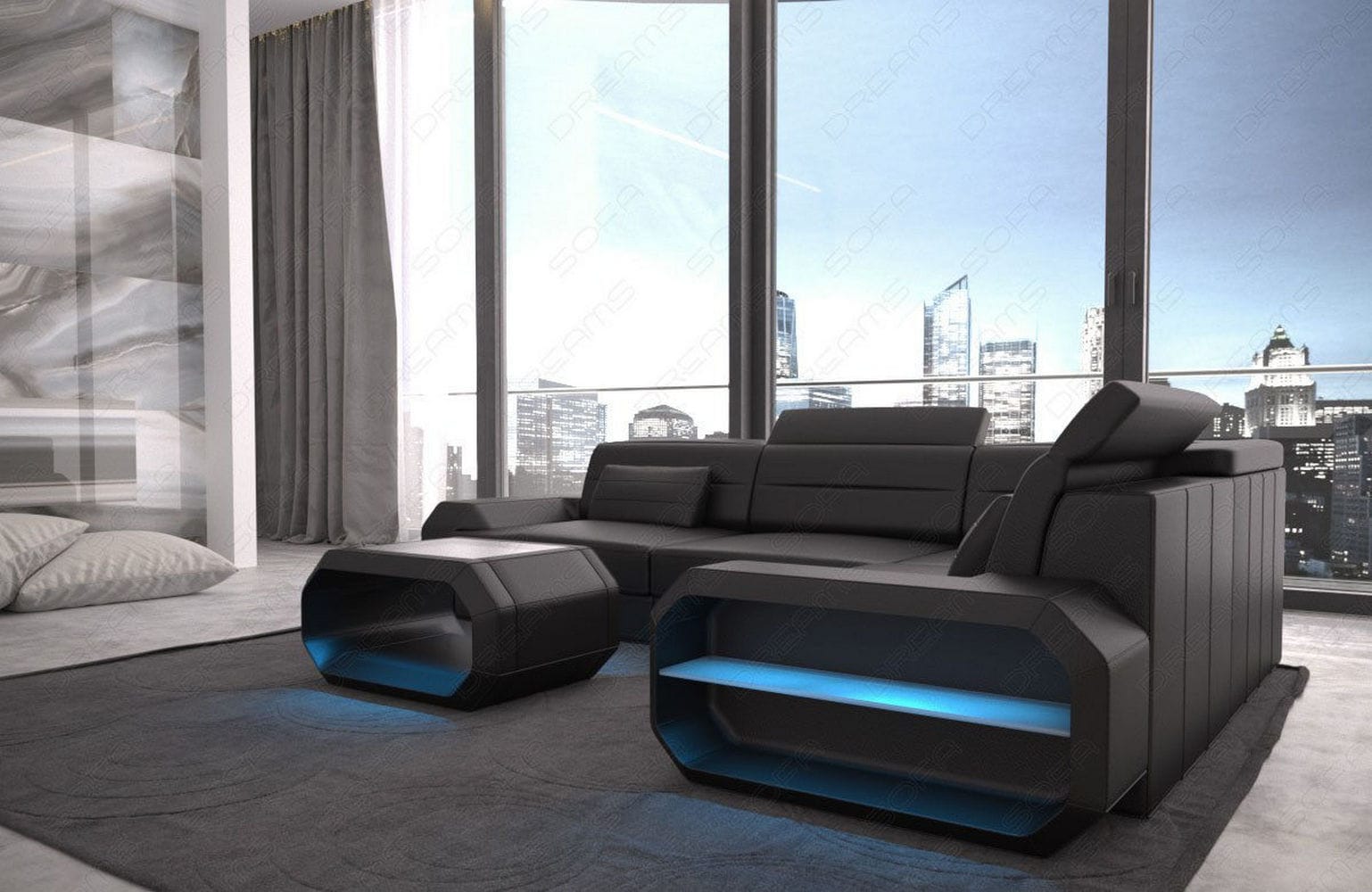 Mini Ledercouch Verona L Form mit LED – Modern und Bequem Schwarz
