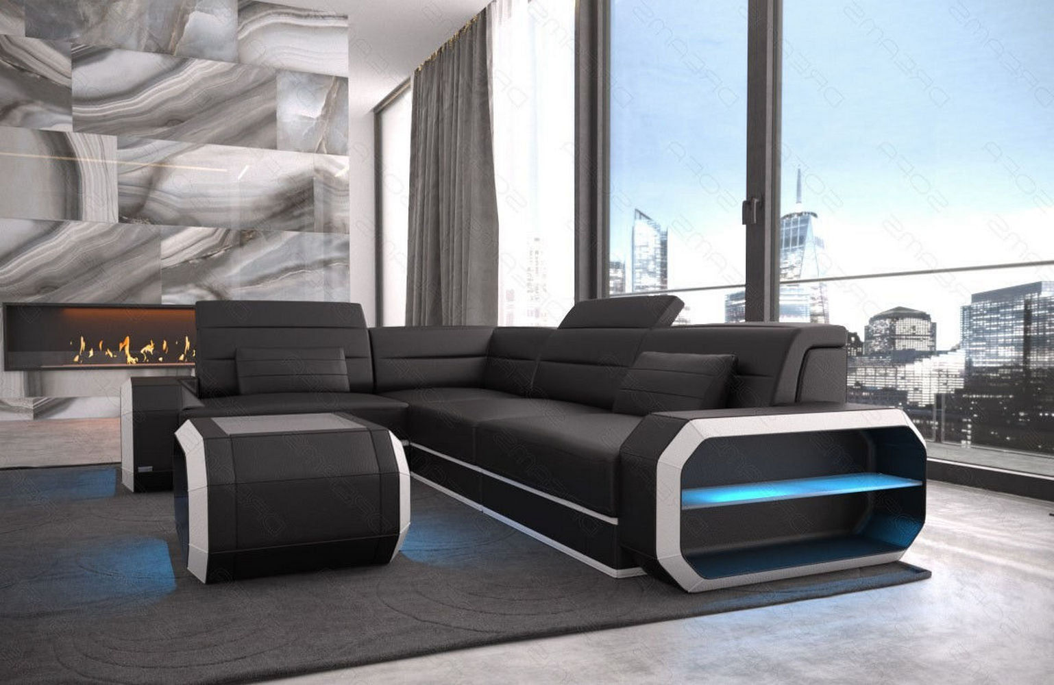 Ledercouch Verona L Form mit LED – Stil & Komfort schwarz-weiß
