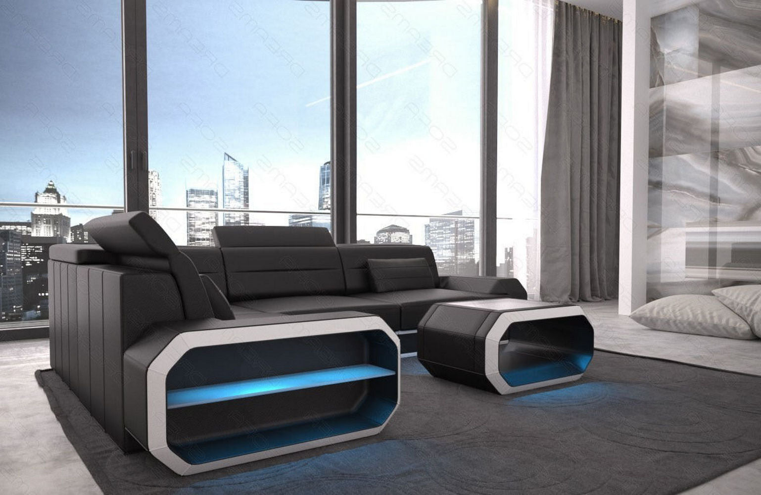 Ledercouch Verona L Form mit LED – Stil & Komfort schwarz-weiß
