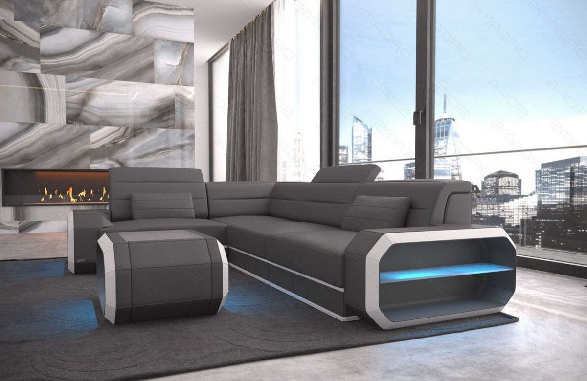 Couch Verona L-Form in Leder grau-weiß