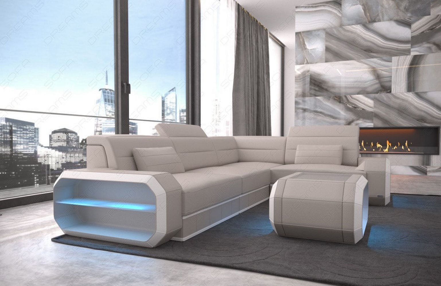 Couch Verona L Form in Leder beige-weiß
