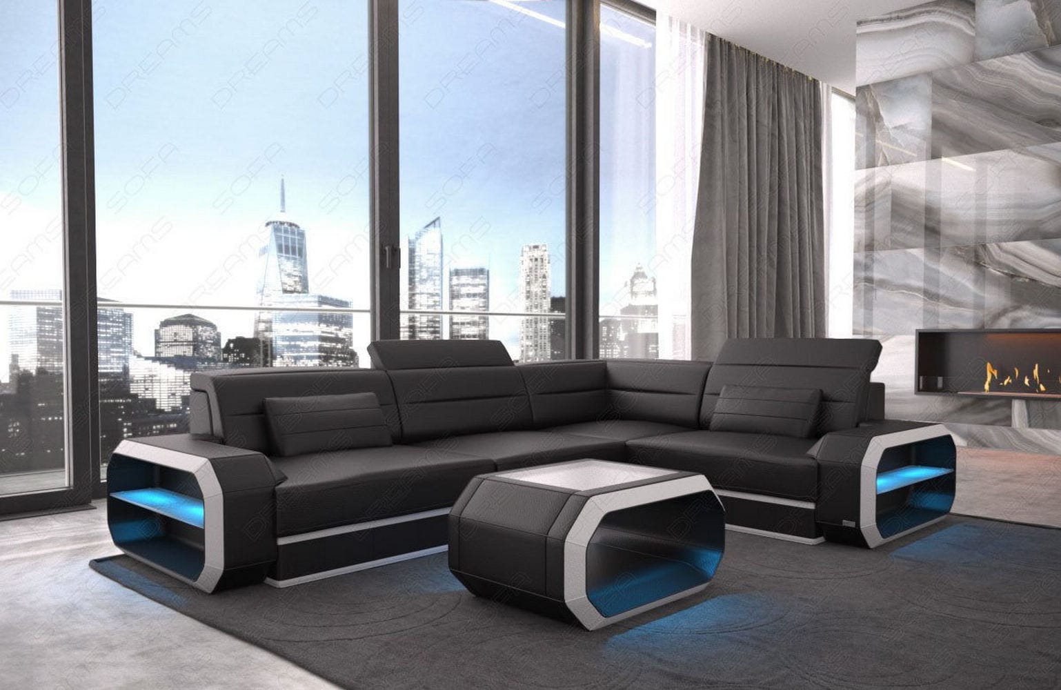 Ecksofa Ledercouch Verona L Form Leder mit LED Beleuchtung schwarz-weiß