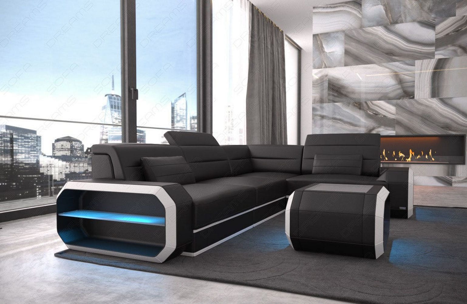 Ecksofa Ledercouch Verona L Form Leder mit LED Beleuchtung schwarz-weiß