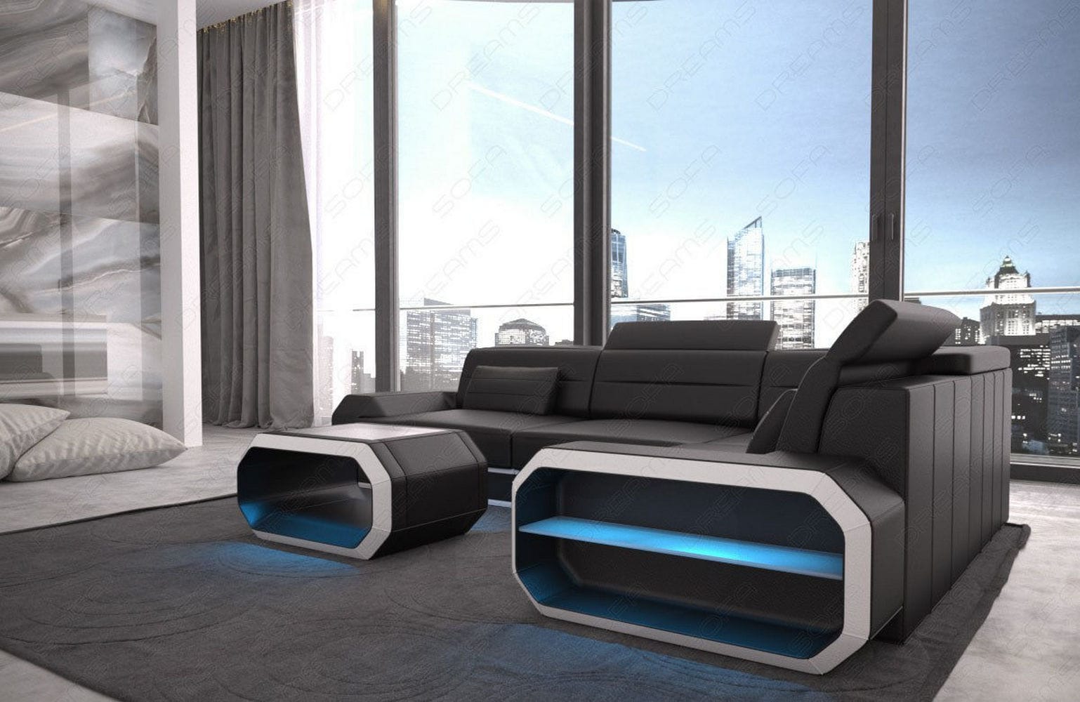 Ecksofa Ledercouch Verona L Form Leder mit LED Beleuchtung schwarz-weiß