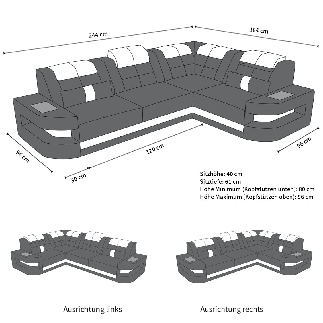 Mini Couch Como L Form in Leder weiß-schwarz