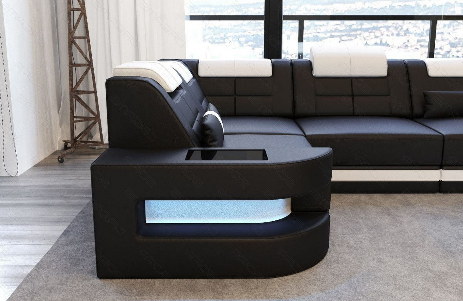 Mini Designersofa Como L-Form Leder Schwarz-Weiß