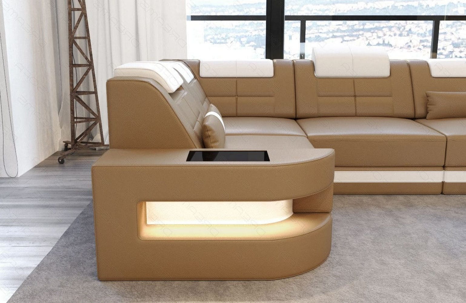 Designersofa Como L-Form – Leder & Luxus sandbeige-weiß