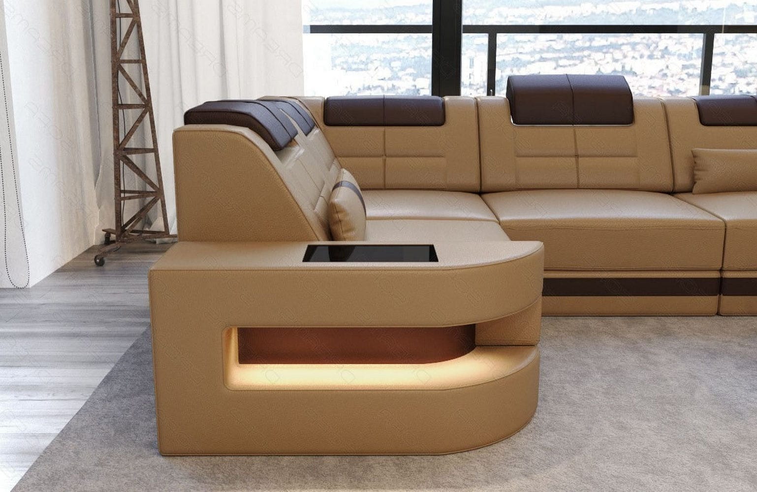 Designersofa Como L-Form – Leder & Luxus sandbeige-dunkelbraun