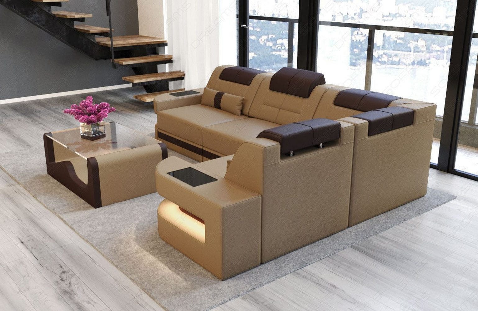Designersofa Como L-Form – Leder & Luxus sandbeige-dunkelbraun
