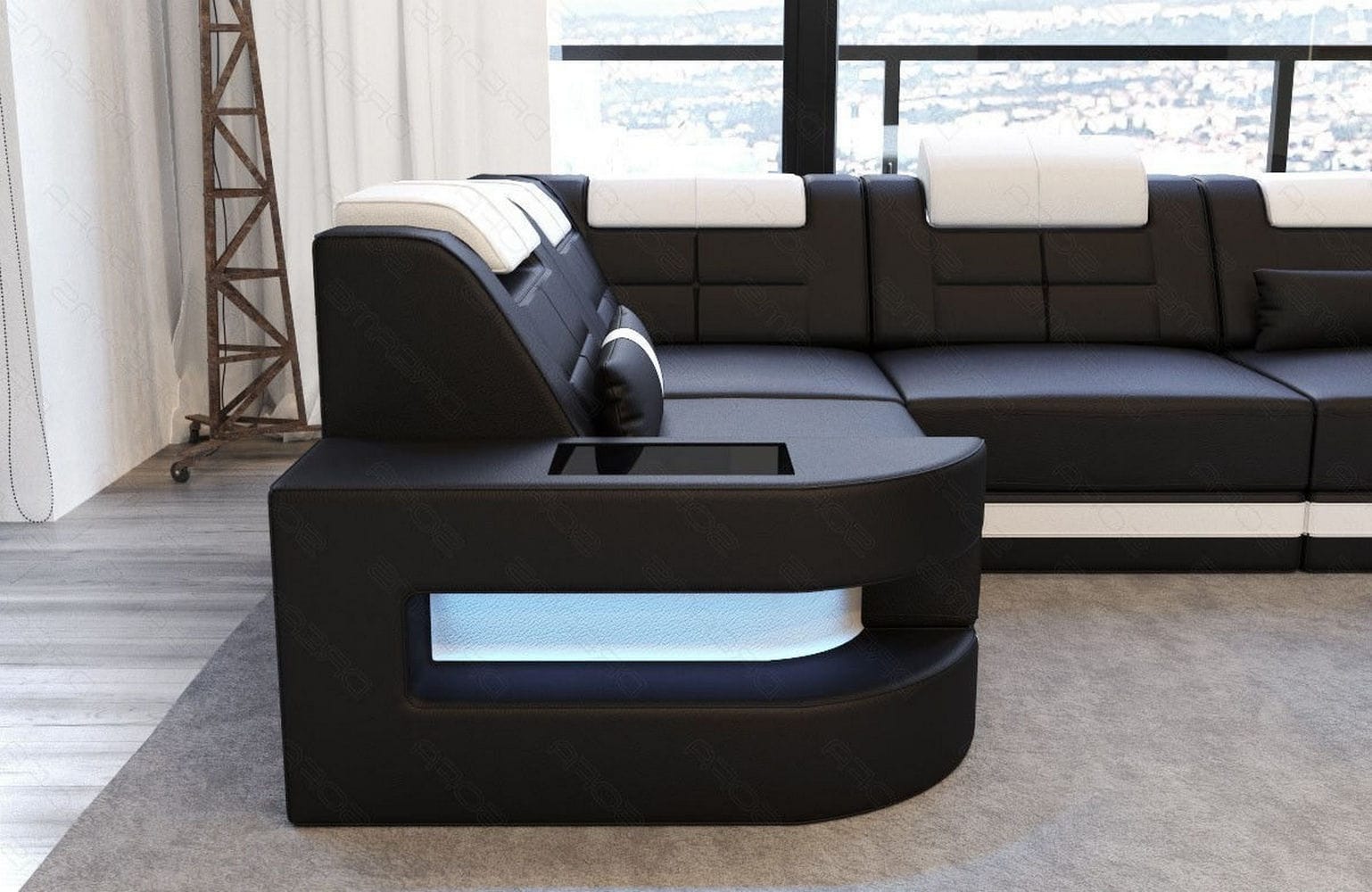 Designersofa Como L-Form – Leder & Luxus schwarz-weiß
