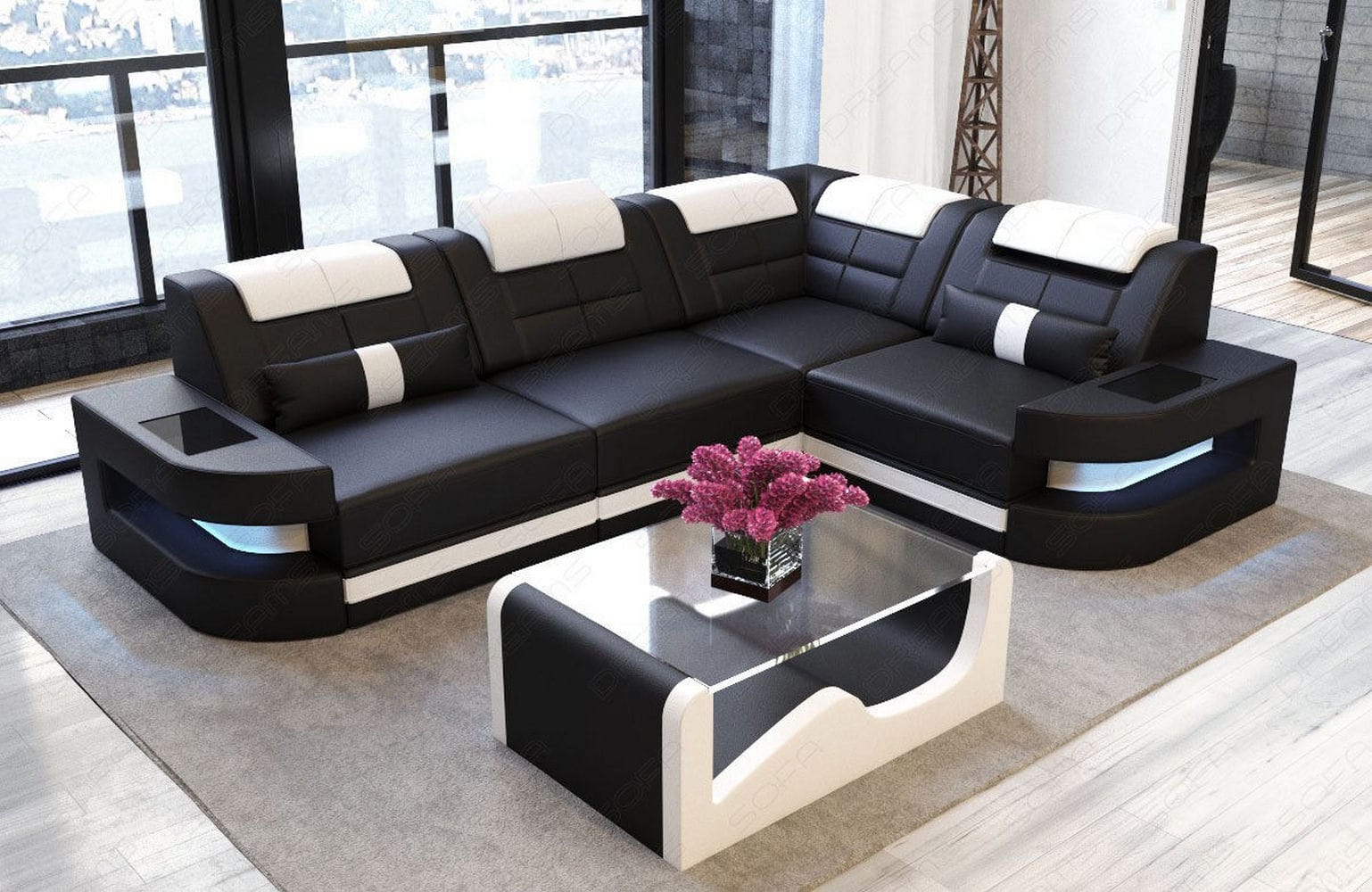 Designersofa Como L-Form – Leder & Luxus schwarz-weiß