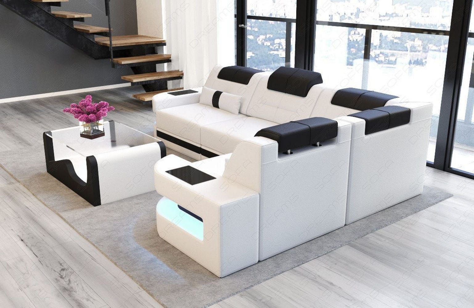 Designersofa Como L-Form – Leder & Luxus weiß-schwarz