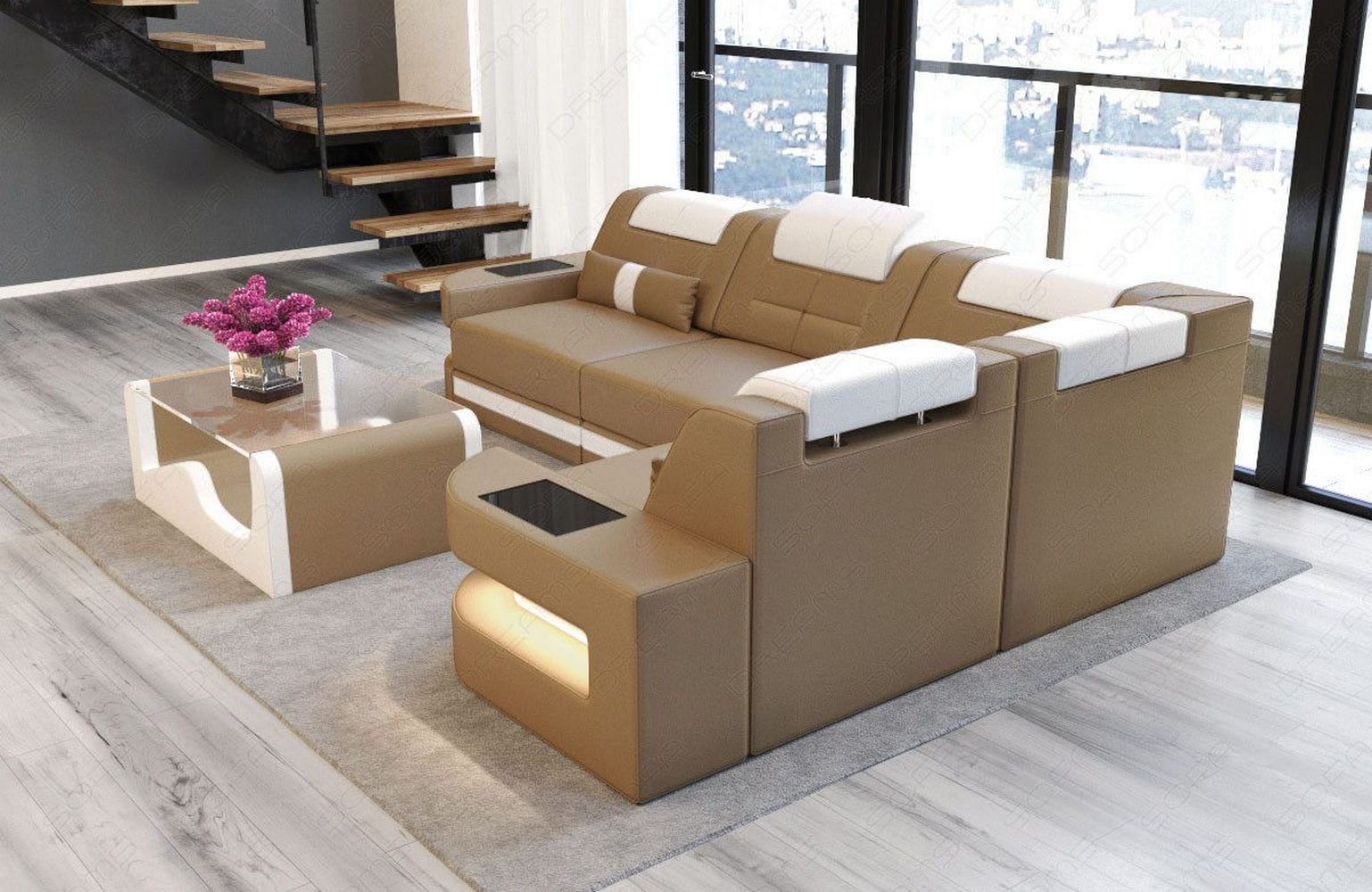 Designersofa Como L-Form – Leder & Luxus sandbeige-weiß
