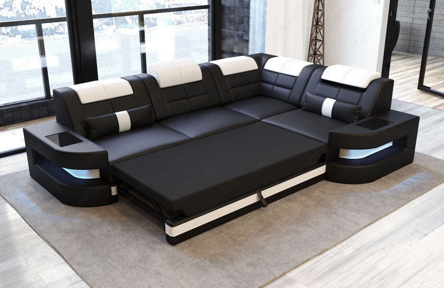 Designersofa Como L-Form – Leder & Luxus sandbeige-weiß