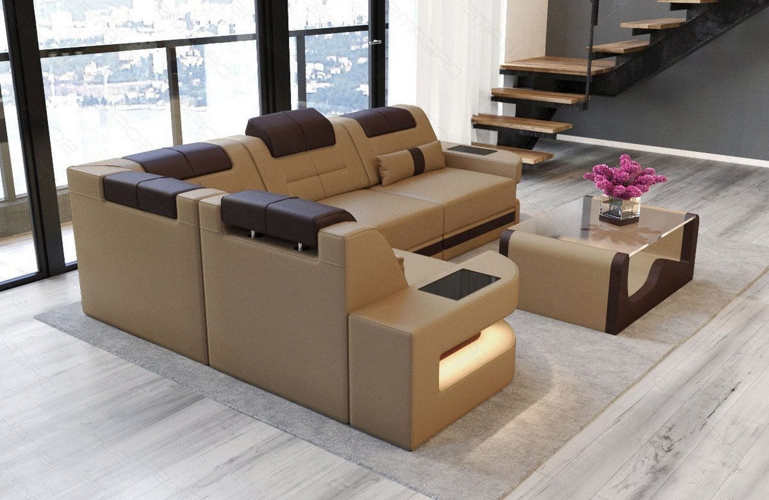 Designersofa Como L-Form – Leder & Luxus sandbeige-dunkelbraun