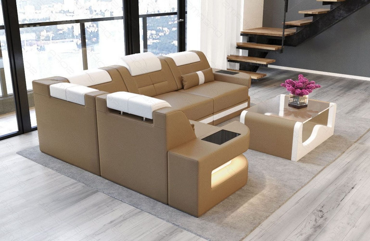 Designersofa Como L-Form – Leder & Luxus sandbeige-weiß