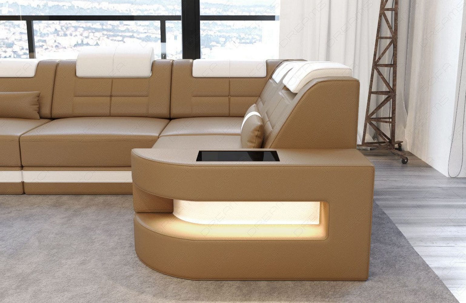 Designersofa Como L-Form – Leder & Luxus sandbeige-weiß