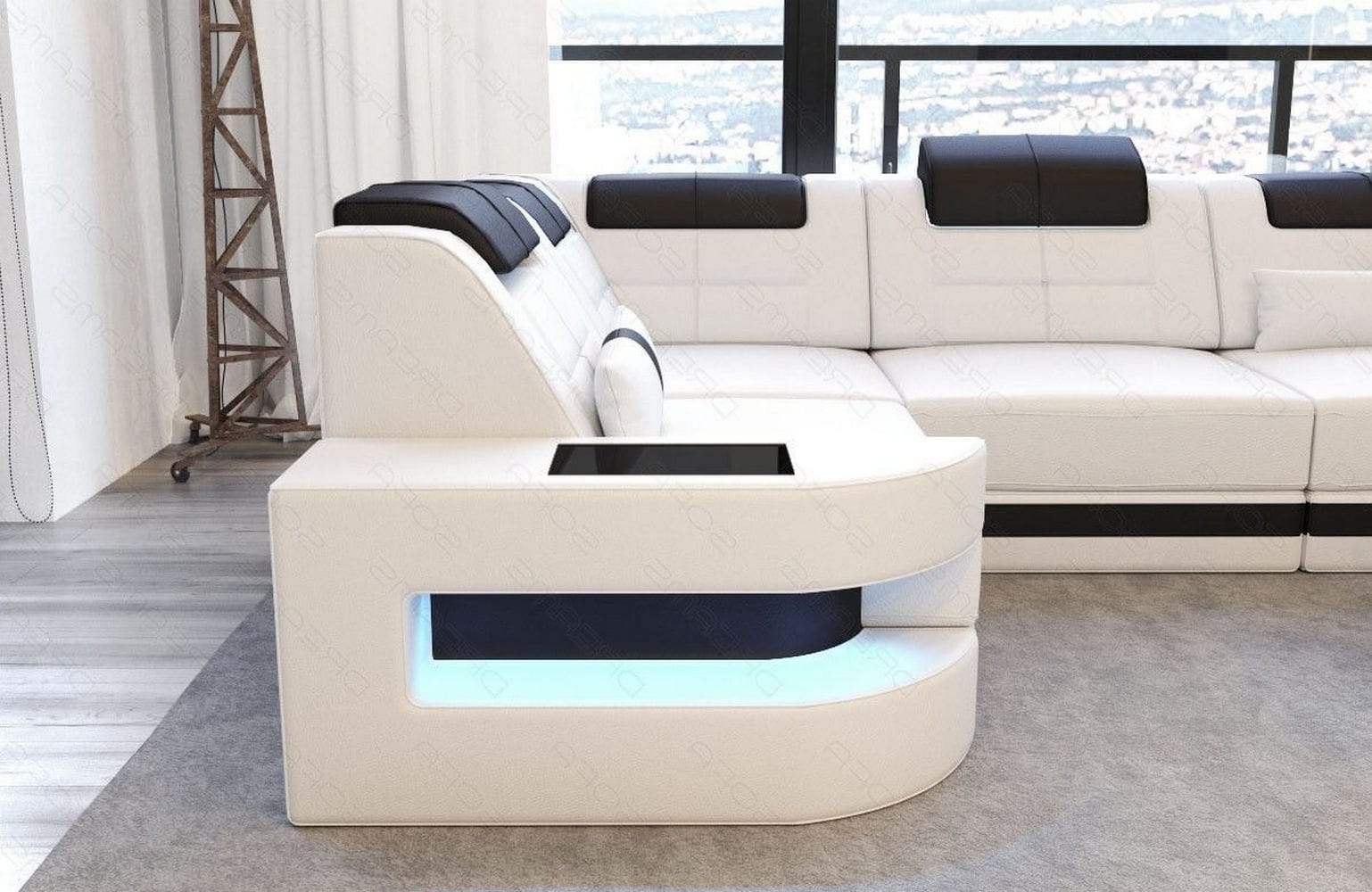 Designersofa Como L-Form – Leder & Luxus weiß-schwarz