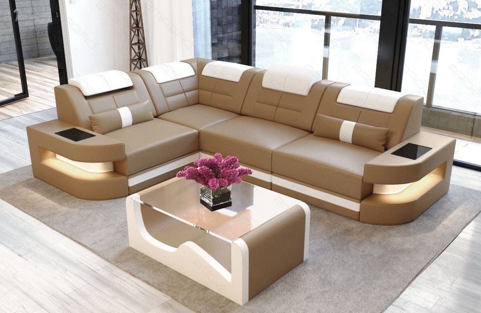 Designersofa Como L-Form – Leder & Luxus sandbeige-weiß