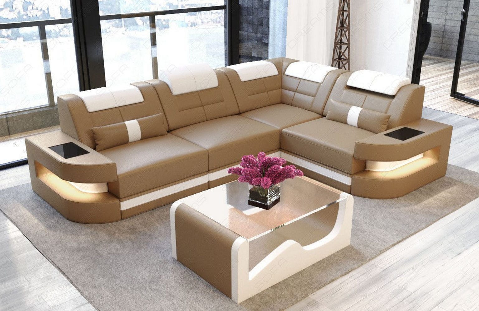 Designersofa Como L-Form – Leder & Luxus sandbeige-weiß
