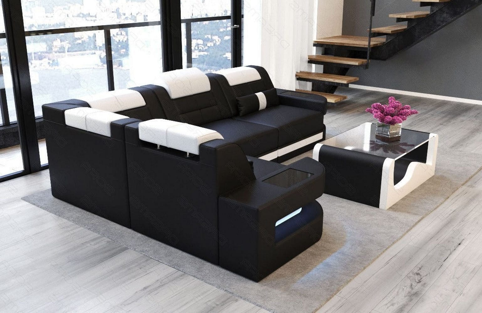 Designersofa Como L-Form – Leder & Luxus schwarz-weiß