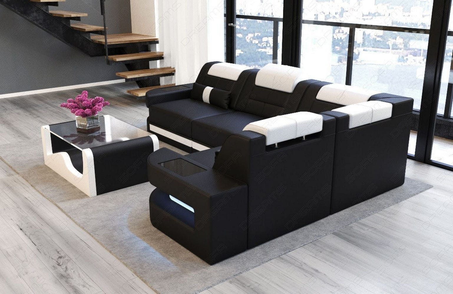 Designersofa Como L-Form – Leder & Luxus schwarz-weiß