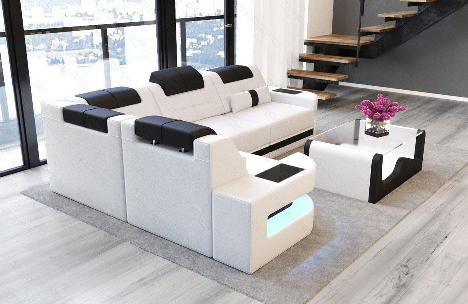 Designersofa Como L-Form – Leder & Luxus weiß-schwarz