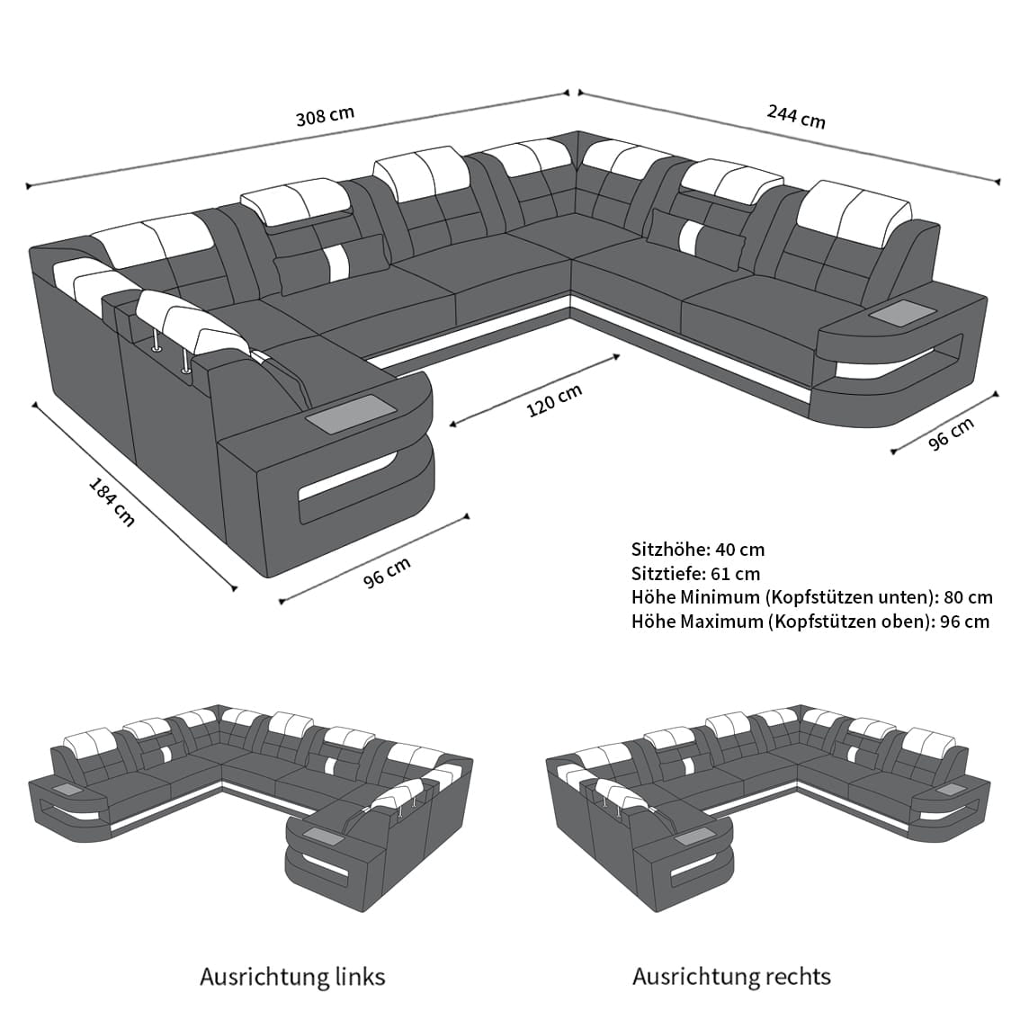 Mini Wohnlandschaft Como U-Form in Leder Schwarz-Weiß