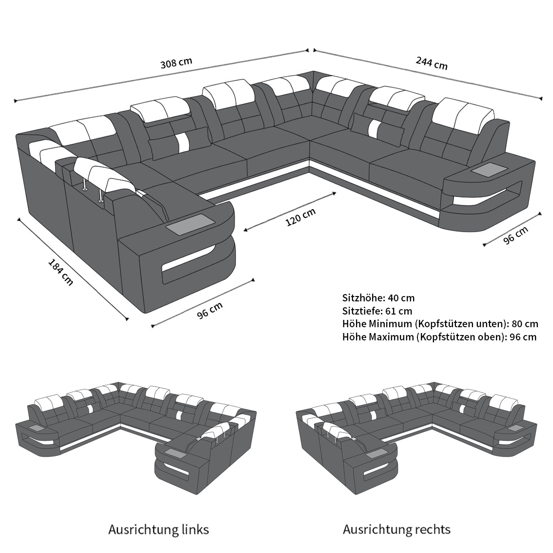 Mini Leder Couch Como U Form mit Beleuchtung Schwarz-Weiß